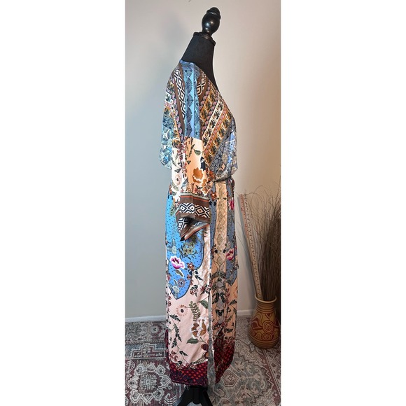 Floral Boho Kimono One Size Brown Blue Multicolor Bohemian Robe Swimsuit Coverup - Picture 5 of 8